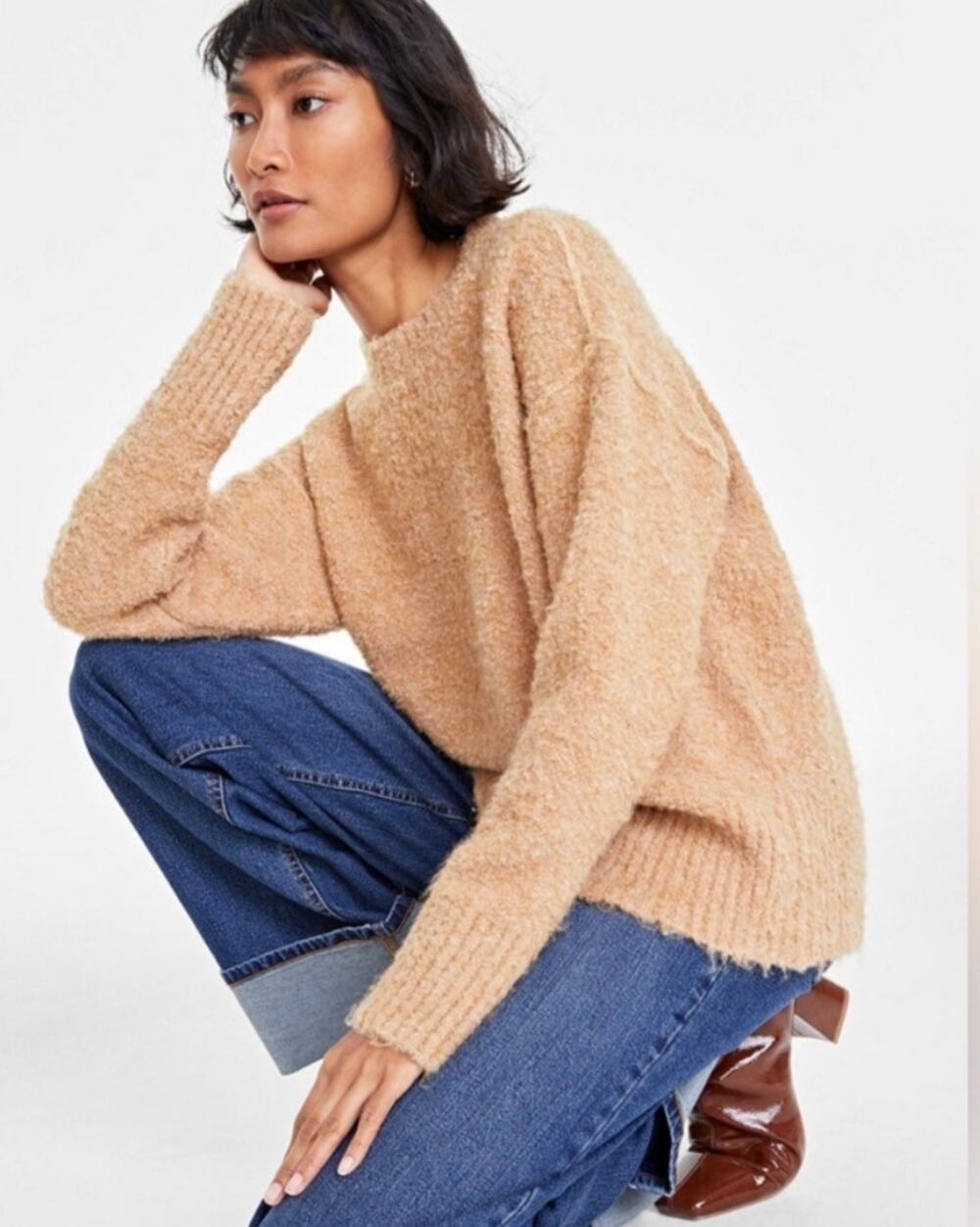 On 34th Boucle Crewneck Sweater XS Camel Tan Cozy Wool Blend